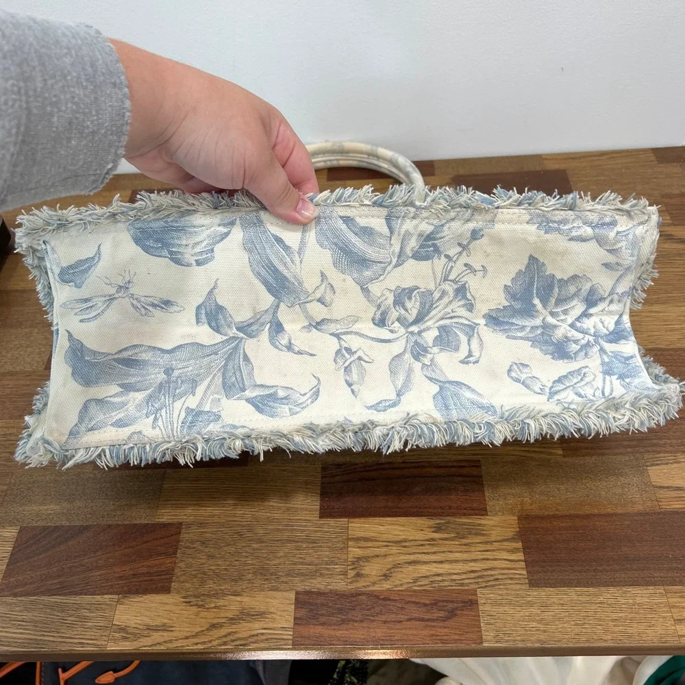 SANDRO Kabash Blue Floral Tote Bag Purse Fringe Hem Large Travel Canvas Designer - Picture 9 of 12